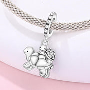Tortoise Mom Baby Pandora Charm | Sparkle Shell Turtle Dangle | Silver Family Animal Gift