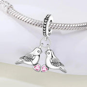 Lovebirds Pandora Charm | Pink Heart Crystal | Two Doves Dangle | Romantic Wedding Anniversary Gift