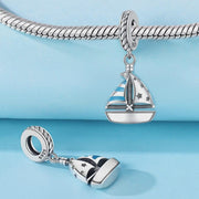 Sailboat Pandora Charm | Blue Stripe Boat | Silver Nautical Dangle | Summer Ocean Travel Gift