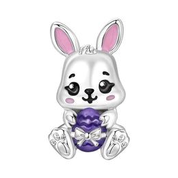 Easter Bunny Pandora Charm | Purple Egg Silver Bead | Rabbit Gift | Spring Jewelry