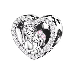 Mother Daughter Pandora Charm | Hugging Heart Bead | Pink Crystal Bow | Mom Gift | Family Jewelry