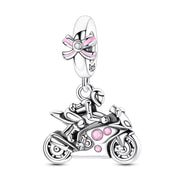 Motorcycle Pandora Charm | Pink Bow Sport Bike | Silver Female Rider | Biker Chick Gift | Motorbike