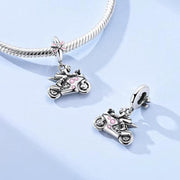 Motorcycle Pandora Charm | Pink Bow Sport Bike | Silver Female Rider | Biker Chick Gift | Motorbike