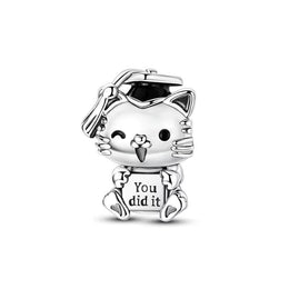 Graduation Cat Pandora Charm | You Did It Silver Bead | Black Cap Kitten | Student Gift