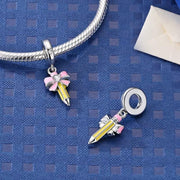 Pencil Pandora Charm | Pink Bow Heart Crystal | Teacher Student Gift | Silver School Dangle