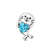 Seal Pandora Charm | Blue Heart Crystal | Ocean Animal Bead | Silver Marine Life Gift