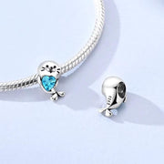 Seal Pandora Charm | Blue Heart Crystal | Ocean Animal Bead | Silver Marine Life Gift
