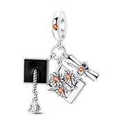 Graduation Triple Dangle Fits Pandora Charm Bracelet, Silver Mortarboard Diploma Flower Orange Crystal Jewelry