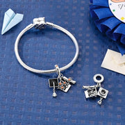 Graduation Triple Dangle Fits Pandora Charm Bracelet, Silver Mortarboard Diploma Flower Orange Crystal Jewelry