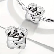 Hugging Sloths Bead Fits Pandora Charm Bracelet, Silver Enamel Couple Animal Jungle Love Gift