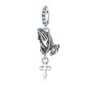 Praying Hands Bead Fits Pandora Charm Bracelet, Silver Cross Religious Christian Faith Spiritual Gift