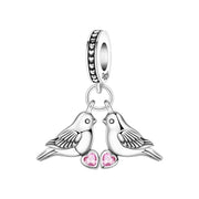 Lovebirds Pandora Charm | Pink Heart Crystal | Two Doves Dangle | Romantic Wedding Anniversary Gift