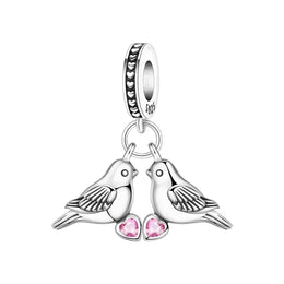 Lovebirds Pandora Charm | Pink Heart Crystal | Two Doves Dangle | Romantic Wedding Anniversary Gift