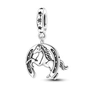 Horse Horseshoe Pandora Charm | Silver Pony Dangle | Equestrian Lucky Amulet | Western Cowgirl Gift