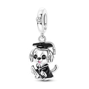Graduation Dog Pandora Charm | Puppy Graduate Bead | Black Cap Diploma Dangle | Vet Student Gift