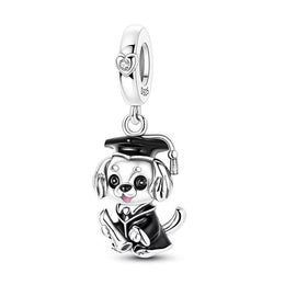 Graduation Dog Pandora Charm | Puppy Graduate Bead | Black Cap Diploma Dangle | Vet Student Gift