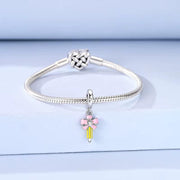 Pencil Pandora Charm | Pink Bow Heart Crystal | Teacher Student Gift | Silver School Dangle