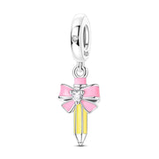 Pencil Pandora Charm | Pink Bow Heart Crystal | Teacher Student Gift | Silver School Dangle