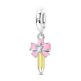 Pencil Pandora Charm | Pink Bow Heart Crystal | Teacher Student Gift | Silver School Dangle