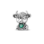 Highland Cow Bead Fits Pandora Charm Bracelet, Green Heart, Scottish Hielan Coo Pet Gift