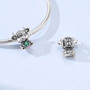 Highland Cow Bead Fits Pandora Charm Bracelet, Green Heart, Scottish Hielan Coo Pet Gift