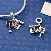 Graduation Triple Dangle Fits Pandora Charm Bracelet, Silver Mortarboard Diploma Flower Orange Crystal Jewelry