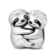 Hugging Sloths Bead Fits Pandora Charm Bracelet, Silver Enamel Couple Animal Jungle Love Gift