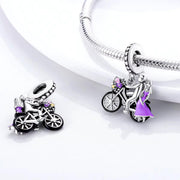 Bicycle Couple Bead Fits Pandora Charm Bracelet, Silver Romantic Gift, Purple Dress Flower Basket