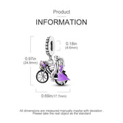 Bicycle Couple Bead Fits Pandora Charm Bracelet, Silver Romantic Gift, Purple Dress Flower Basket