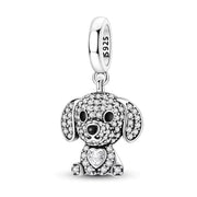 Puppy Dog Bead Fits Pandora Charm Bracelet, Silver Pave Crystal Heart Sparkly Animal Gift