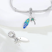Surfboard Bead Fits Pandora Charm Bracelet, Silver Beach Tropical Palm Tree Summer Vacation Jewelry
