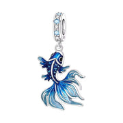 Blue Betta Fish Bead Fits Pandora Charm Bracelet, Silver Fancy Goldfish Crystal Jewelry Gift