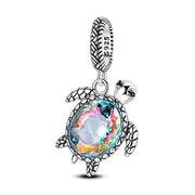 Sea Turtle Bead Fits Pandora Charm Bracelet, Silver Iridescent Shell Crystal Dangle, Marine Gift
