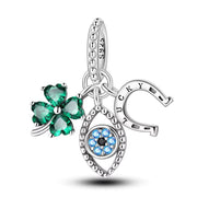 Good Luck Bead Fits Pandora Charm Bracelet, Silver Clover Evil Eye Horseshoe Dangle Gift