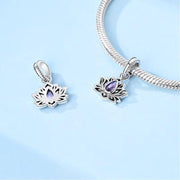 Lotus Flower Bead Fits Pandora Charm Bracelet, Silver Purple Crystal Zen Yoga Spiritual Gift