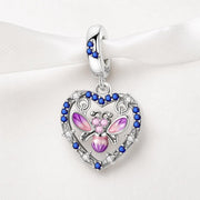 Firefly Heart Bead Fits Pandora Charm Bracelet, Blue Crystal Pink Bug Dangle Silver Gift
