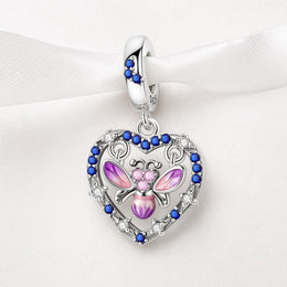 Firefly Heart Bead Fits Pandora Charm Bracelet, Blue Crystal Pink Bug Dangle Silver Gift