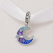 Blue Crescent Moon Bead Fits Pandora Charm Bracelet, Silver Celestial Galaxy Star Dangle Gift