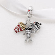 Movie Night Bead Fits Pandora Charm Bracelet, Cinema Camera Popcorn Dangle, Actor Jewelry Gift