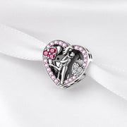 Romantic Couple Bead Fits Pandora Charm Bracelet, Pink Crystal Heart Love Jewelry Gift
