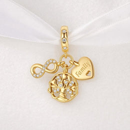 Family Tree Bead Fits Pandora Charm Bracelet, Gold Infinity Heart Dangle Jewelry Gift