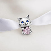 Cat Bead Fits Pandora Charm Bracelet, Pink Heart Crystal Silver Kitten Jewelry Gift