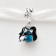 Penguin Couple Bead Fits Pandora Charm Bracelet, Blue Crystal Silver Love Animal Jewelry Gift