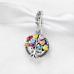 Family Tree Bead Fits Pandora Charm Bracelet, Colorful Heart Quote Silver Dangle Jewelry Gift