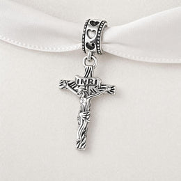 Jesus Cross Bead Fits Pandora Charm Bracelet, INRI Crucifix Silver Dangle Religious Christian Gift
