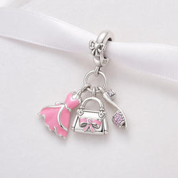 Pink Dress Bead Fits Pandora Charm Bracelet, Handbag Shoe Dangle Silver Fashion Jewelry Gift