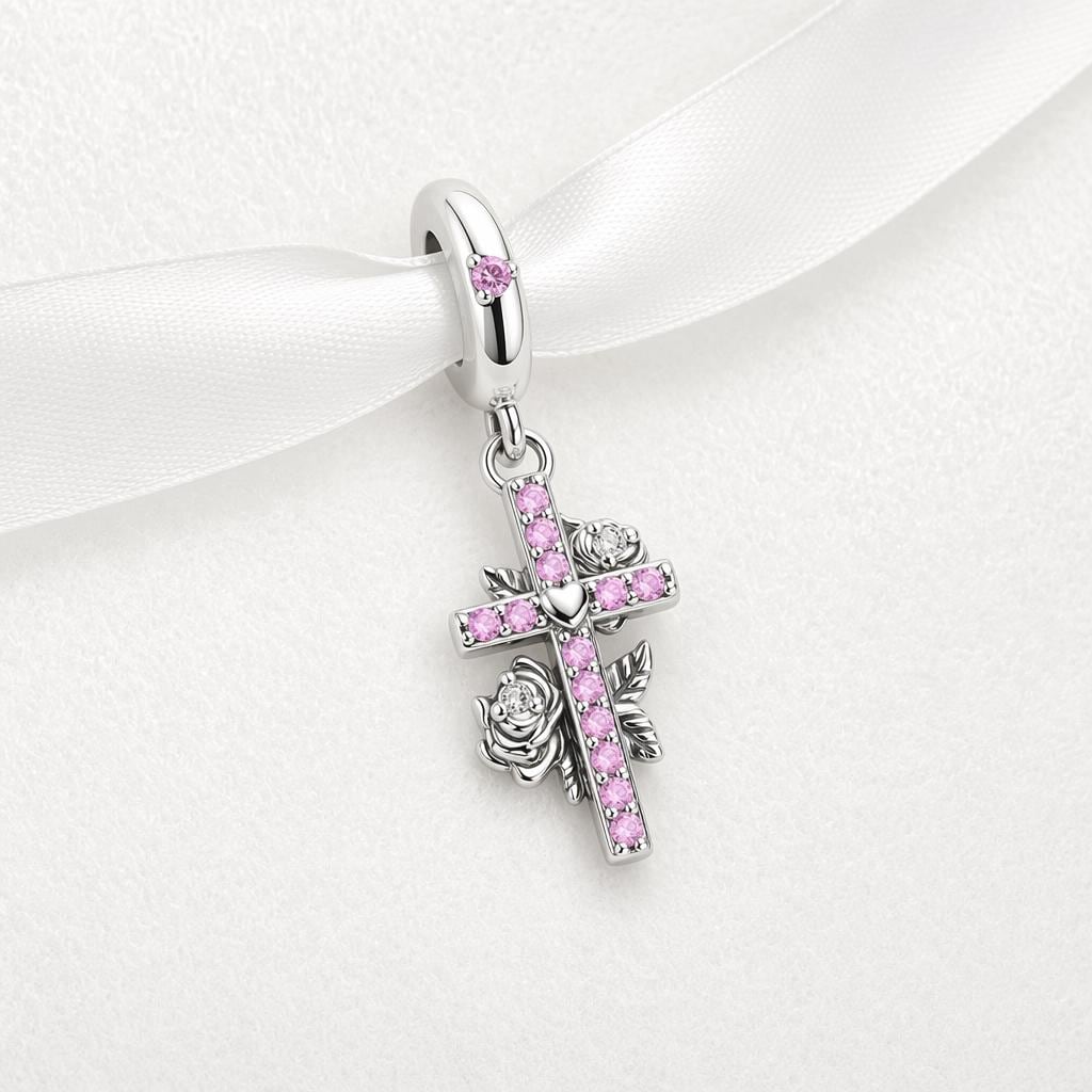 Pink Rose Cross sterling silver charm alternate view