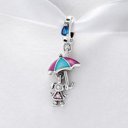Umbrella Girl Bead Fits Pandora Charm Bracelet, Colorful Enamel Silver Daughter Jewelry Gift
