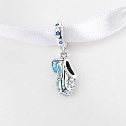 Dutch Wooden Clog Bead Fits Pandora Charm Bracelet, Blue Enamel Silver Shoe Travel Gift