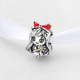 Girl Bead Fits Pandora Charm Bracelet, Red Bow Silver Flower Jewelry, Daughter Gift